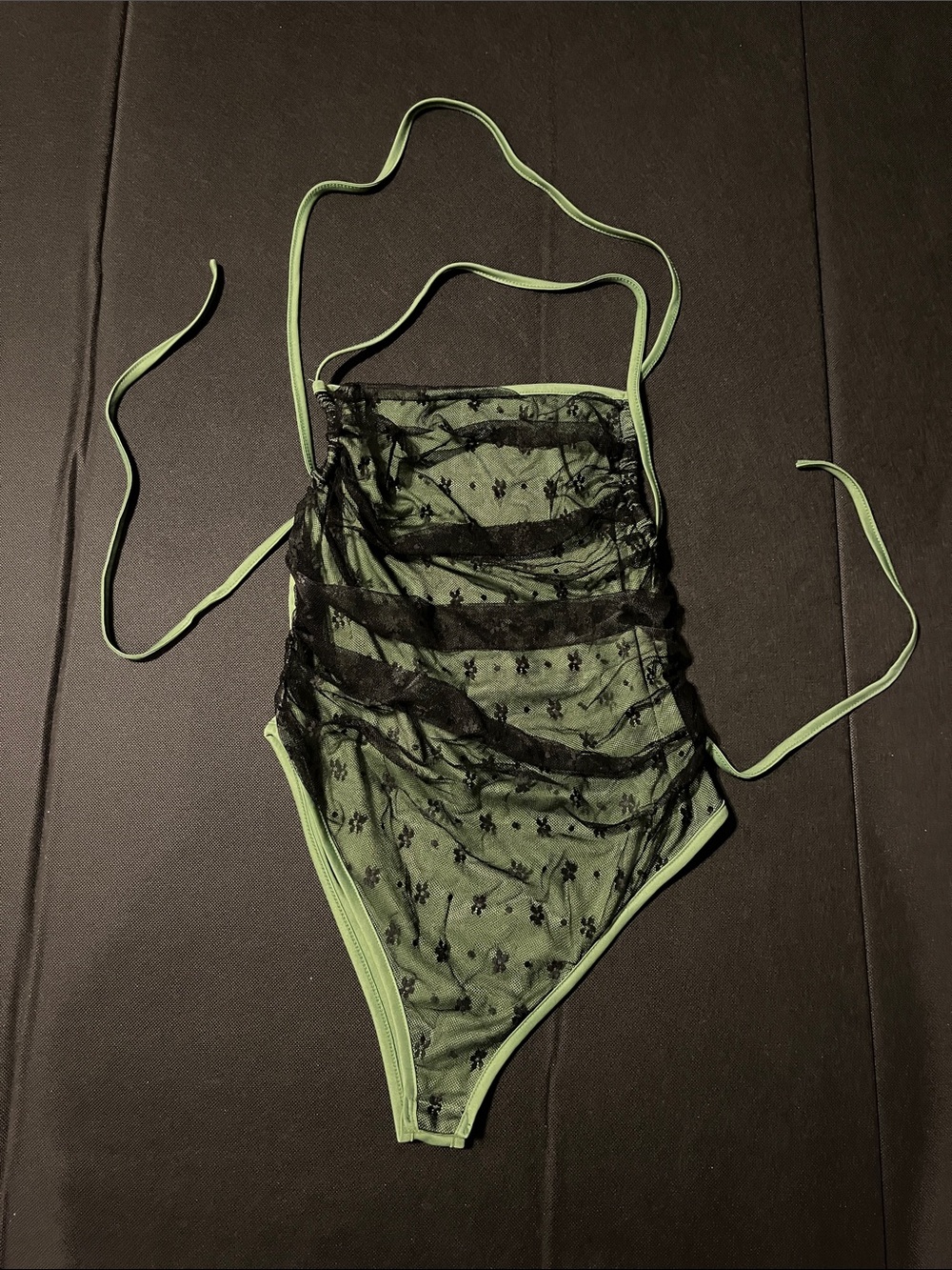 Cider Sheer Lace-Trim Green and Black Bodysuit